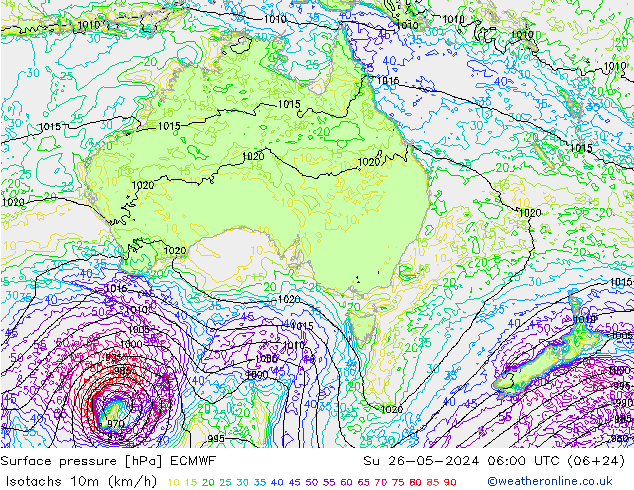 Isotachs (kph) ECMWF Вс 26.05.2024 06 UTC