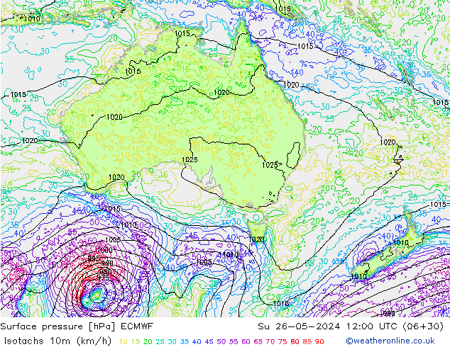 Isotachs (kph) ECMWF Вс 26.05.2024 12 UTC