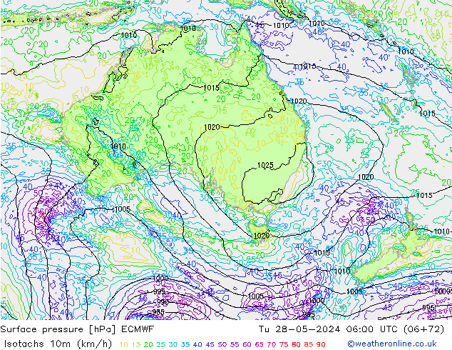 Isotachs (kph) ECMWF Tu 28.05.2024 06 UTC