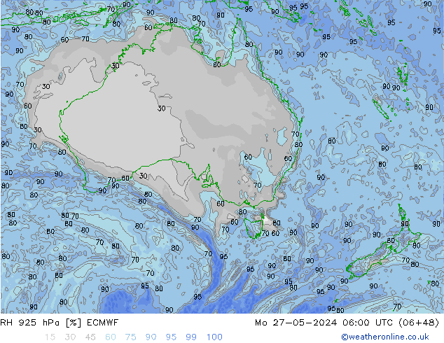 RH 925 hPa ECMWF pon. 27.05.2024 06 UTC