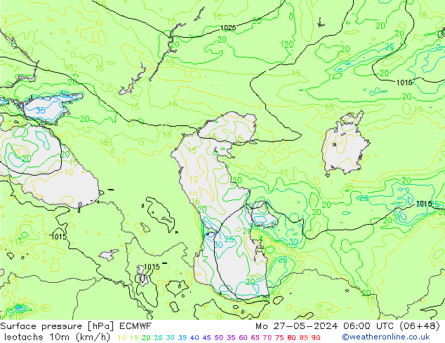 Isotachen (km/h) ECMWF ma 27.05.2024 06 UTC