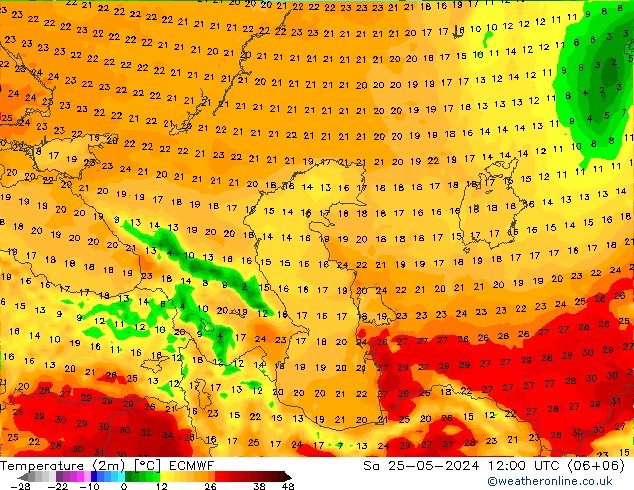 Temperature (2m) ECMWF Sa 25.05.2024 12 UTC