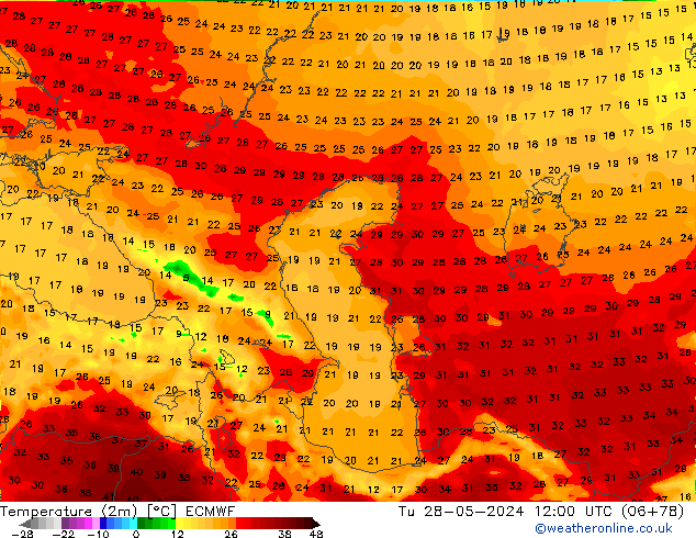 Temperature (2m) ECMWF Tu 28.05.2024 12 UTC