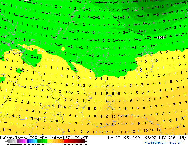 Hoogte/Temp. 700 hPa ECMWF ma 27.05.2024 06 UTC