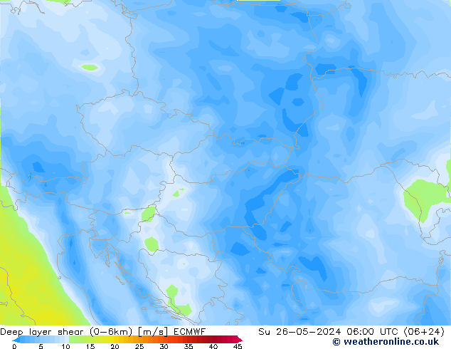 Deep layer shear (0-6km) ECMWF Su 26.05.2024 06 UTC