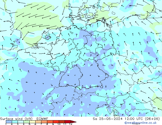 Wind 10 m (bft) ECMWF za 25.05.2024 12 UTC