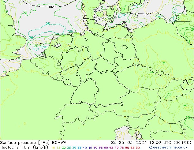 Isotachs (kph) ECMWF Sa 25.05.2024 12 UTC