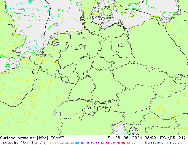 Isotachen (km/h) ECMWF So 26.05.2024 03 UTC