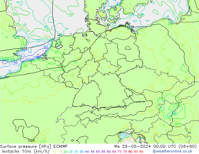 Isotachs (kph) ECMWF mer 29.05.2024 00 UTC