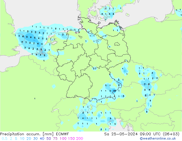 Precipitation accum. ECMWF sab 25.05.2024 09 UTC