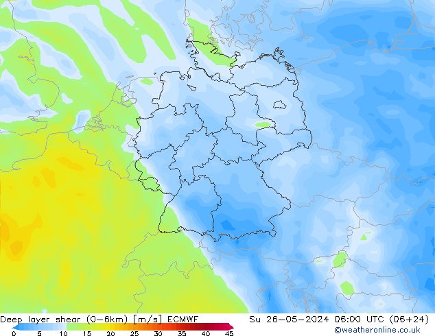 Deep layer shear (0-6km) ECMWF dom 26.05.2024 06 UTC