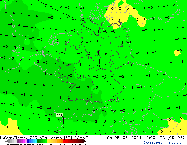 Geop./Temp. 700 hPa ECMWF sáb 25.05.2024 12 UTC