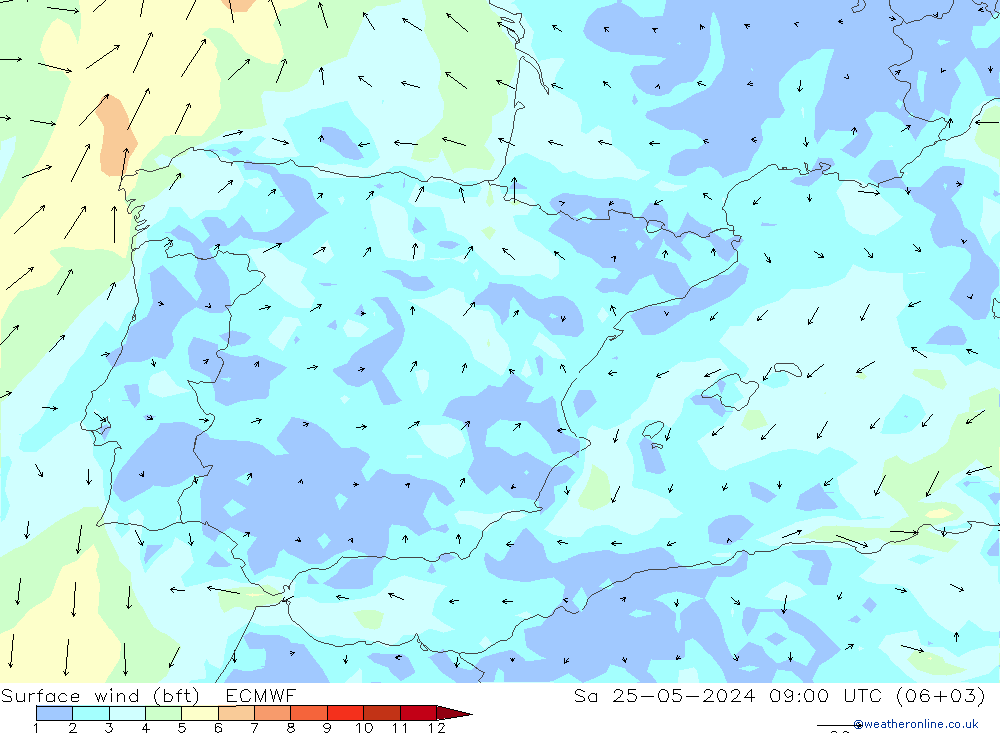 Viento 10 m (bft) ECMWF sáb 25.05.2024 09 UTC