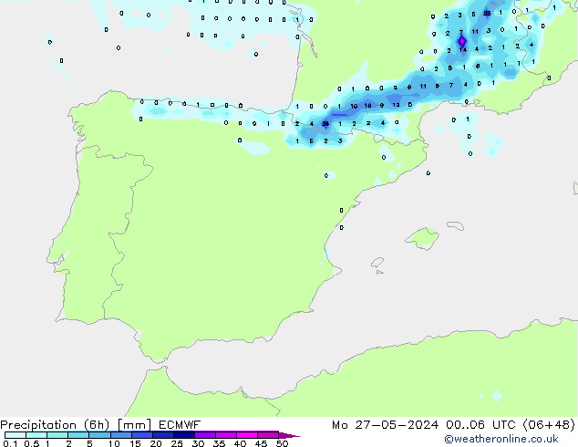 Precipitation (6h) ECMWF Po 27.05.2024 06 UTC