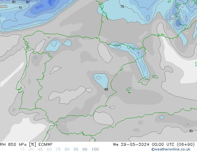 Humedad rel. 850hPa ECMWF mié 29.05.2024 00 UTC