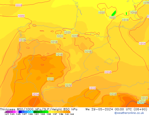 Thck 850-1000 hPa ECMWF Qua 29.05.2024 00 UTC