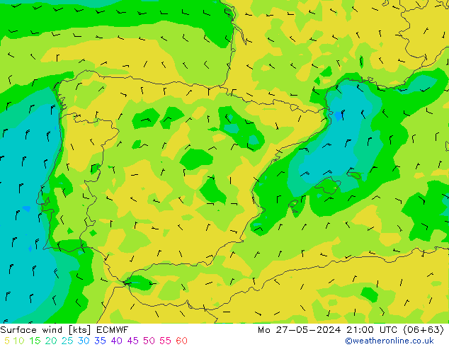 wiatr 10 m ECMWF pon. 27.05.2024 21 UTC