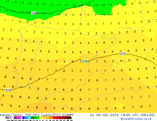 Height/Temp. 700 hPa ECMWF  26.05.2024 18 UTC