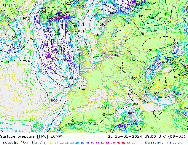 Isotachs (kph) ECMWF сб 25.05.2024 09 UTC