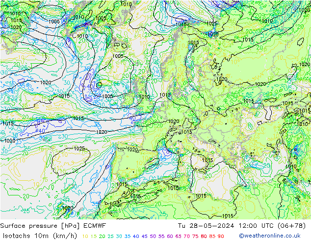 Isotachs (kph) ECMWF Tu 28.05.2024 12 UTC