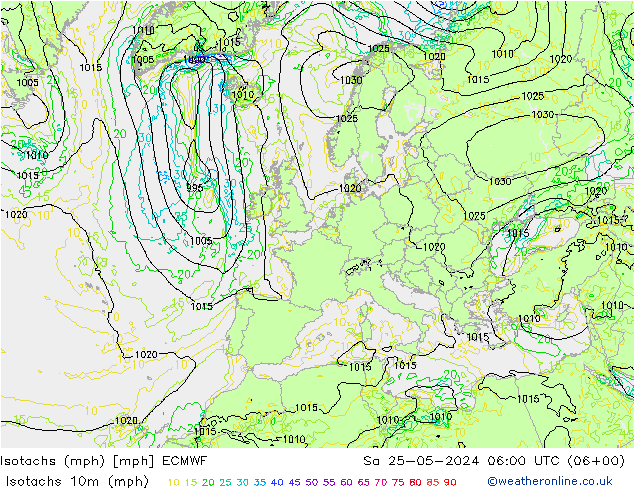 Isotachs (mph) ECMWF Sa 25.05.2024 06 UTC