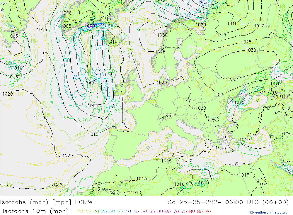 Isotachs (mph) ECMWF So 25.05.2024 06 UTC