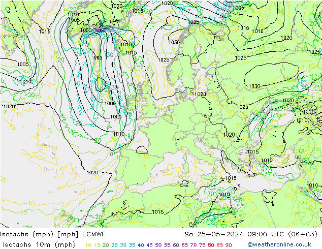 Isotachs (mph) ECMWF сб 25.05.2024 09 UTC