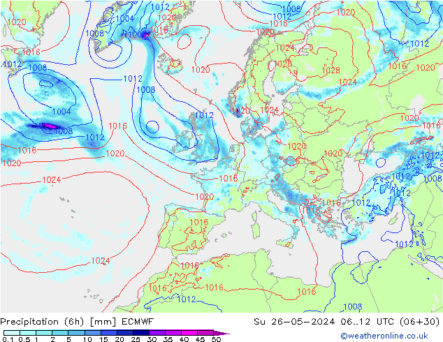 Z500/Rain (+SLP)/Z850 ECMWF Su 26.05.2024 12 UTC