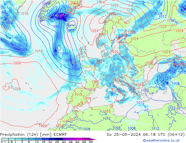 Precipitation (12h) ECMWF Sa 25.05.2024 18 UTC