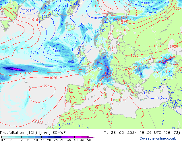 Precipitation (12h) ECMWF Út 28.05.2024 06 UTC