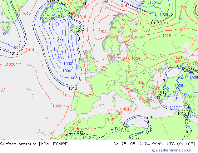 Bodendruck ECMWF Sa 25.05.2024 09 UTC