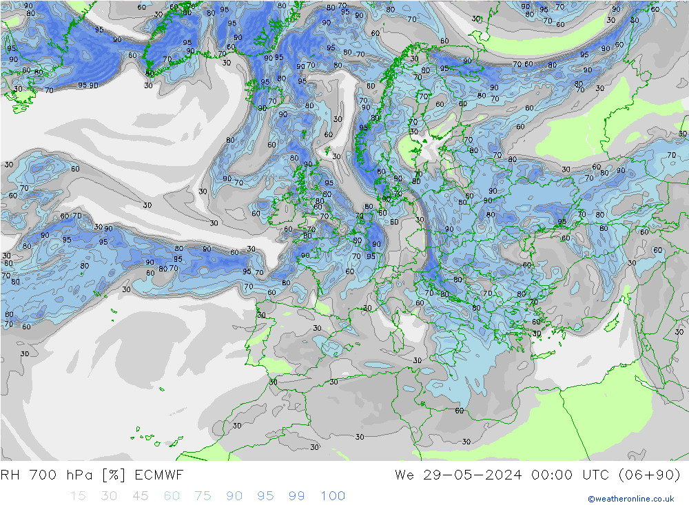 RH 700 гПа ECMWF ср 29.05.2024 00 UTC