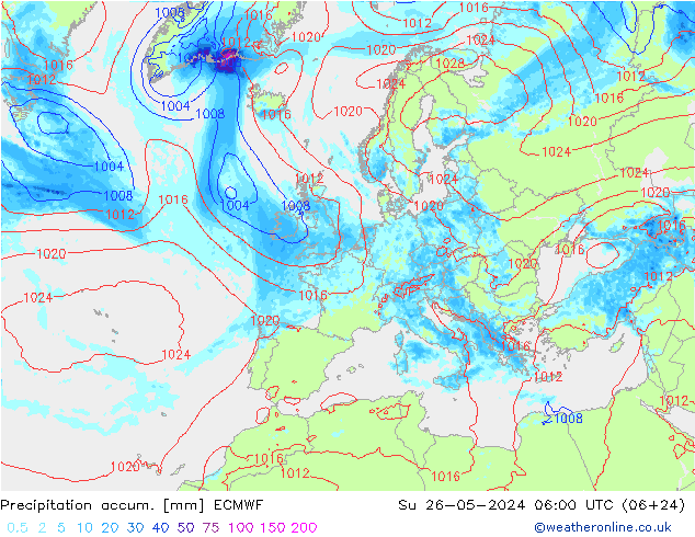 Totale neerslag ECMWF zo 26.05.2024 06 UTC