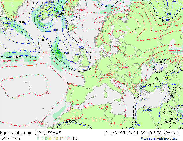 High wind areas ECMWF Dom 26.05.2024 06 UTC