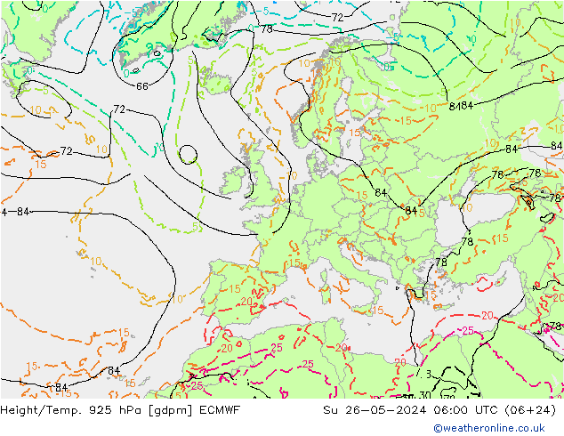 Height/Temp. 925 hPa ECMWF nie. 26.05.2024 06 UTC