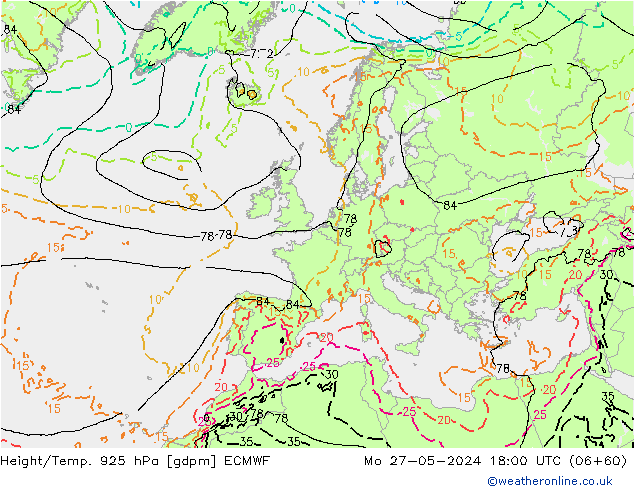 Height/Temp. 925 hPa ECMWF Mo 27.05.2024 18 UTC