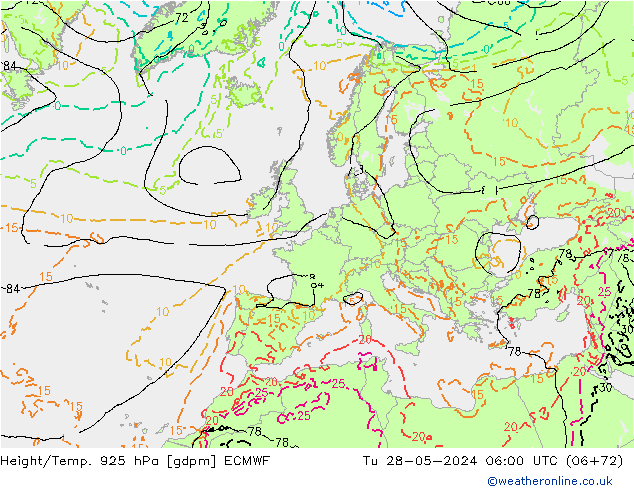 Height/Temp. 925 hPa ECMWF Tu 28.05.2024 06 UTC