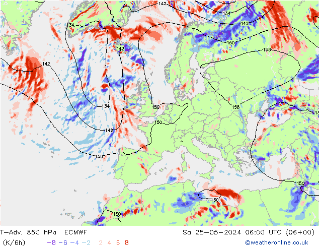 T-Adv. 850 hPa ECMWF Sa 25.05.2024 06 UTC