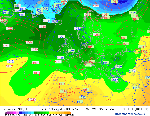 Espesor 700-1000 hPa ECMWF mié 29.05.2024 00 UTC