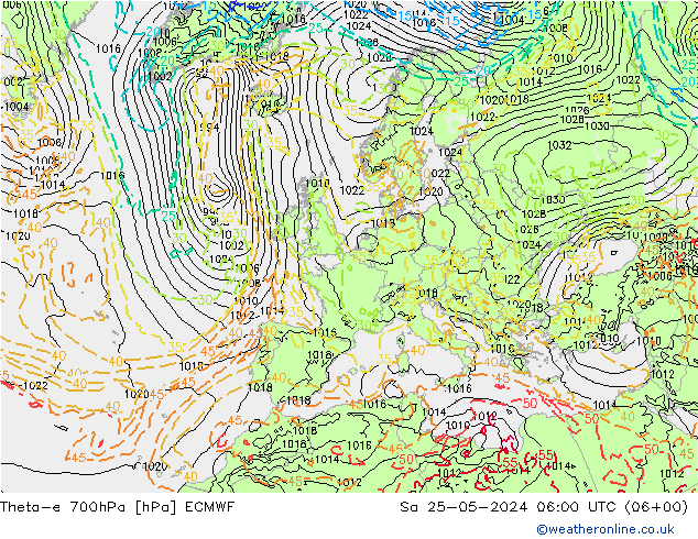 Theta-e 700hPa ECMWF 星期六 25.05.2024 06 UTC