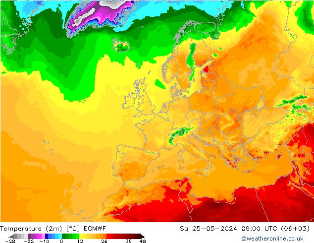 Temperature (2m) ECMWF Sa 25.05.2024 09 UTC