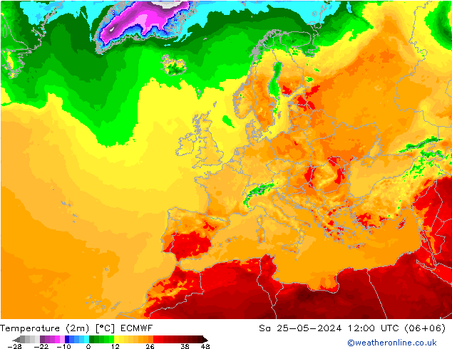 mapa temperatury (2m) ECMWF so. 25.05.2024 12 UTC