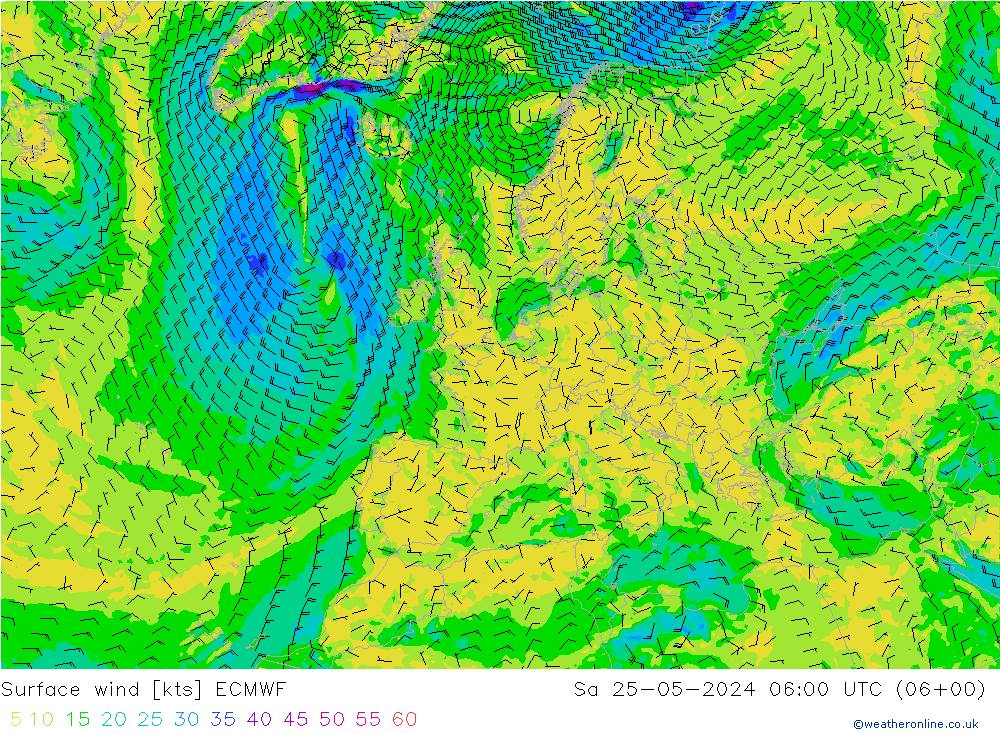 Surface wind ECMWF Sa 25.05.2024 06 UTC