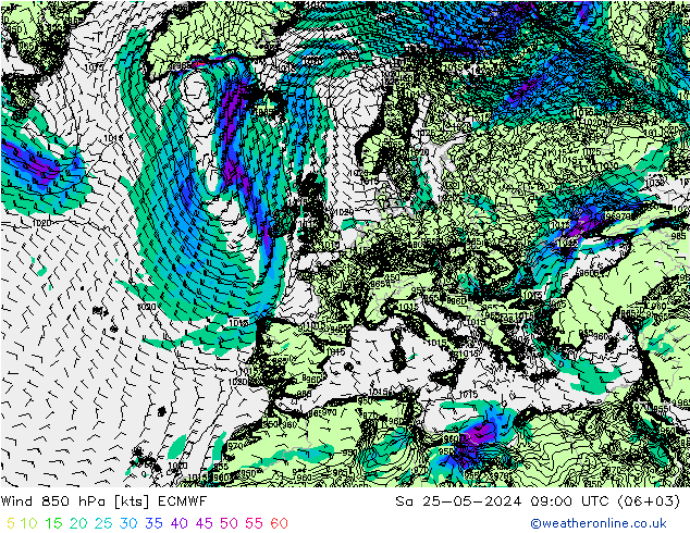 Rüzgar 850 hPa ECMWF Cts 25.05.2024 09 UTC