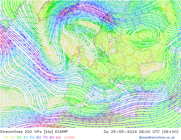 Linia prądu 200 hPa ECMWF so. 25.05.2024 06 UTC