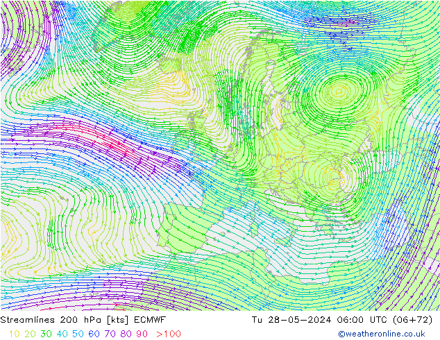 Stromlinien 200 hPa ECMWF Di 28.05.2024 06 UTC