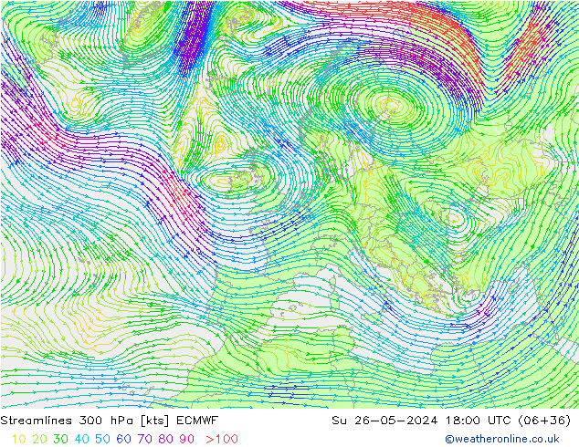 Linea di flusso 300 hPa ECMWF dom 26.05.2024 18 UTC