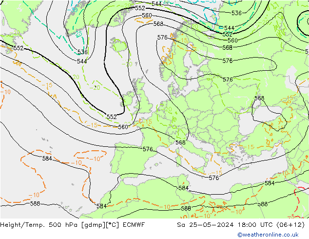 Height/Temp. 500 hPa ECMWF Sa 25.05.2024 18 UTC