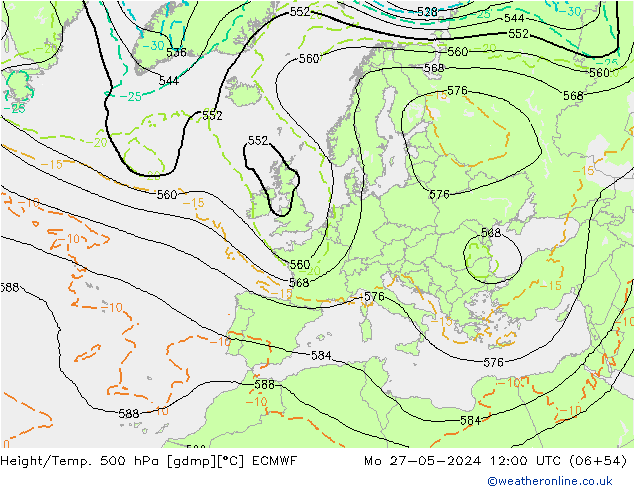 Z500/Rain (+SLP)/Z850 ECMWF пн 27.05.2024 12 UTC