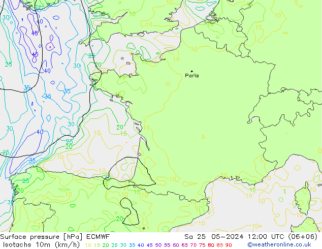 Isotachs (kph) ECMWF  25.05.2024 12 UTC